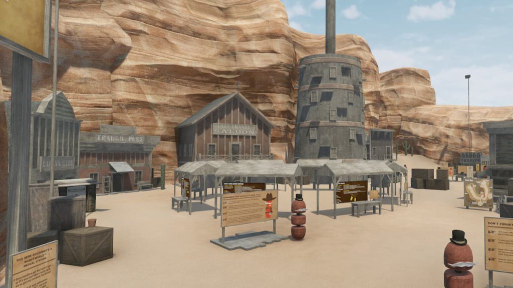 Hot Dogs, Horseshoes & Grenades has many modes and maps, including this Wild West themed one filled with hot dog residents and shooting ranges.