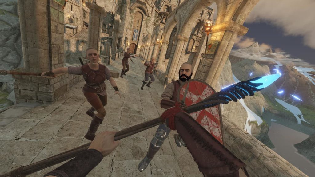 A mage uses a staff to defeat enemies on a bridge in one of the best Steam VR games, Blade and Sorcery.
