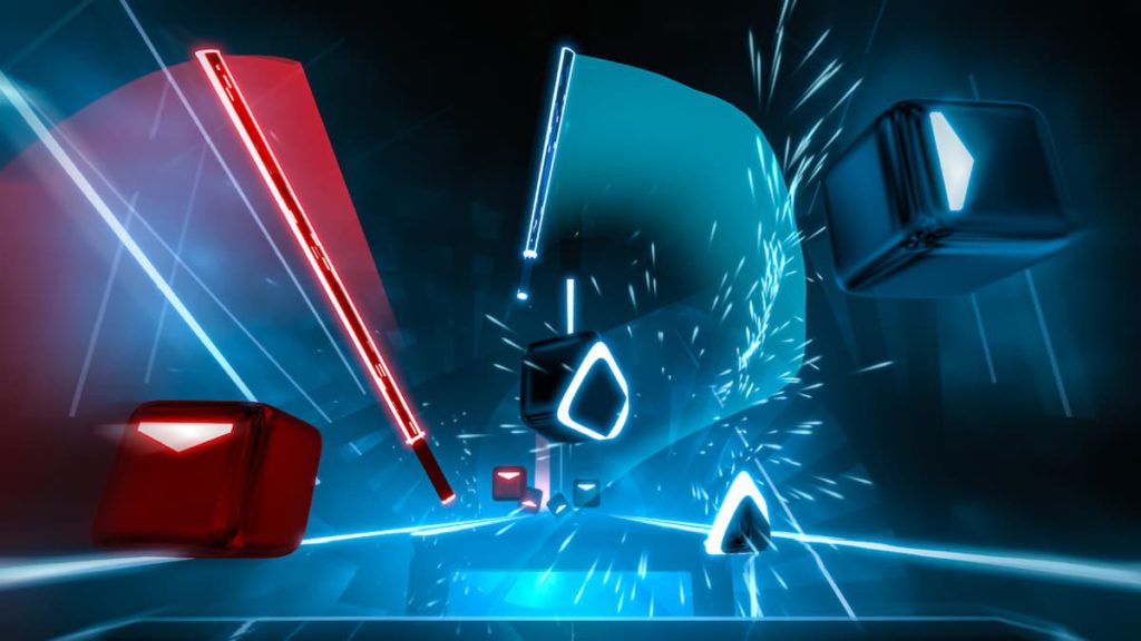 The sabers of Beat Saber swing wildly at the approaching beat blocks.