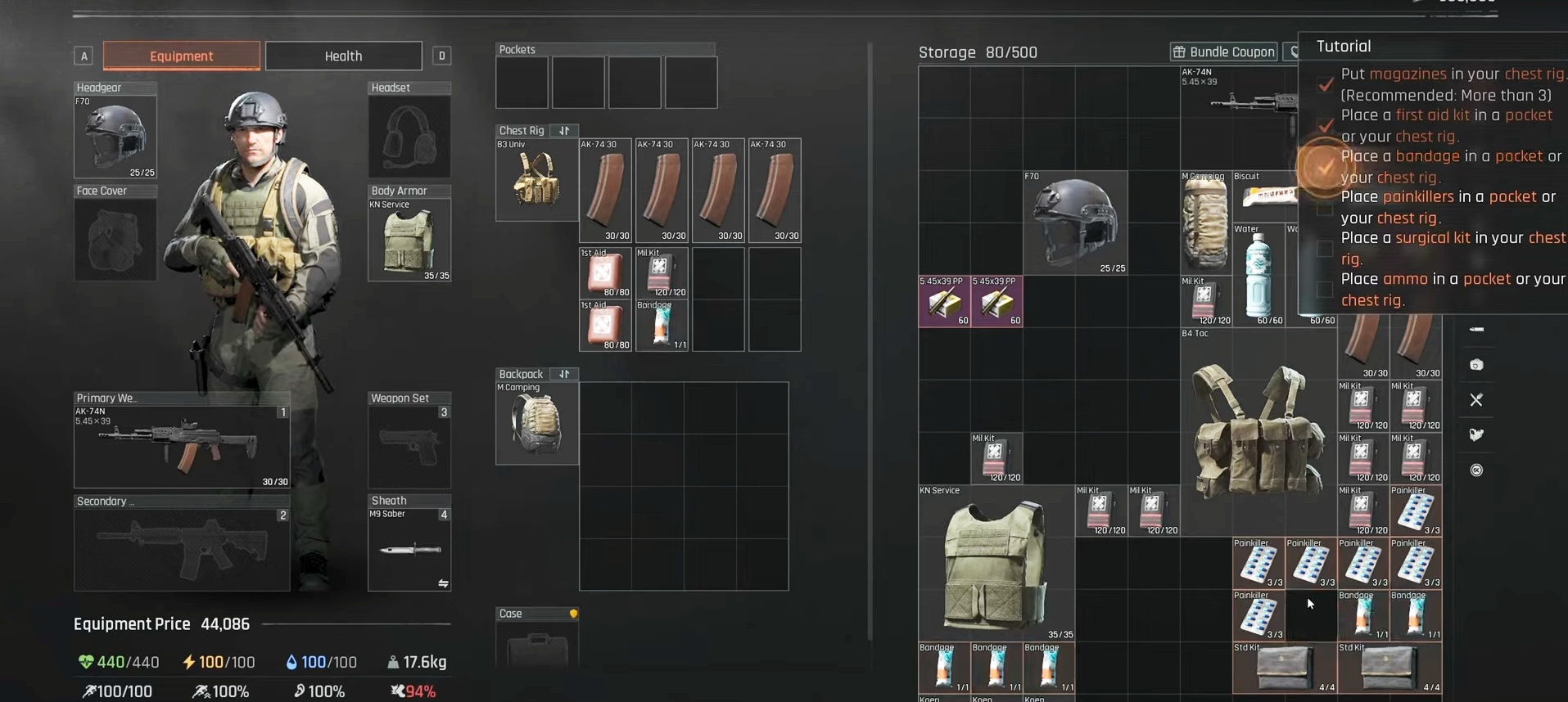 (Right in the picture: The game goes through the most important items with us using a checklist and shows us where we should place them for the raid)