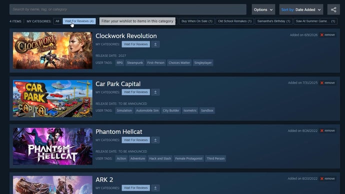 Steam Wishlists Add Categories for Simplified Game Organization